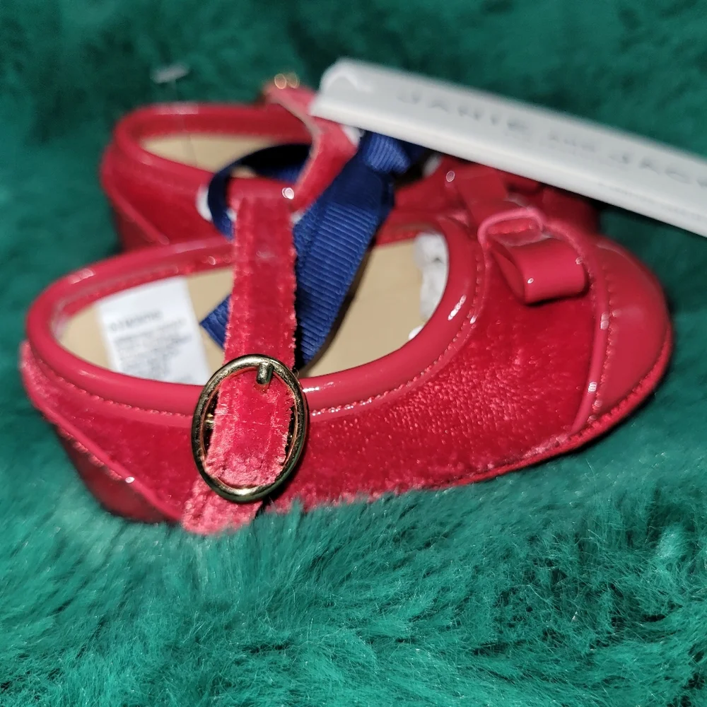đď¸ Janie and Jack Presenting Holiday Red Patent Velour Bow Dress Shoes 0-3 Baby - Picture 4 of 6
